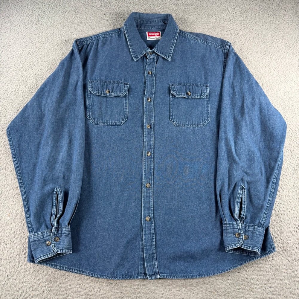 Wrangler Denim Shirt Mens XL Blue Long Sleeve Button Up Workwear Premium Quality